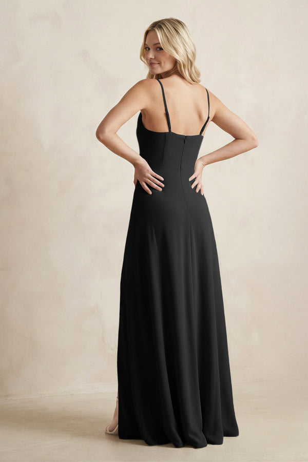 Spaghetti Straps Sheath Satin Bridesmaid Dress With Slit in Black - KISS BRIDAL Bridesmaid Dresses