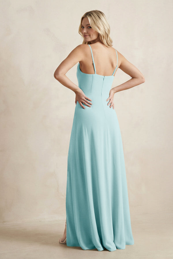 Spaghetti Straps Sheath Satin Bridesmaid Dress With Slit in Bleached Aqua - KISS BRIDAL Bridesmaid Dresses