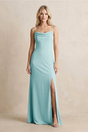 Spaghetti Straps Sheath Satin Bridesmaid Dress With Slit in Bleached Aqua - KISS BRIDAL Bridesmaid Dresses