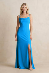 Spaghetti Straps Sheath Satin Bridesmaid Dress With Slit in Blue Jay - KISS BRIDAL Bridesmaid Dresses
