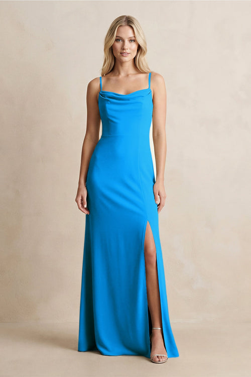 Spaghetti Straps Sheath Satin Bridesmaid Dress With Slit in Blue Jay - KISS BRIDAL Bridesmaid Dresses