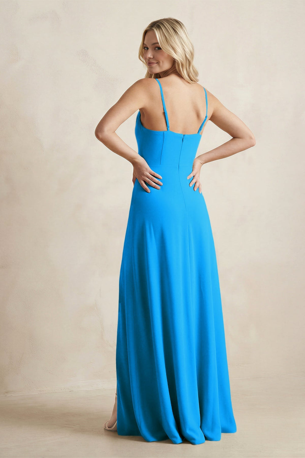 Spaghetti Straps Sheath Satin Bridesmaid Dress With Slit in Blue Jay - KISS BRIDAL Bridesmaid Dresses