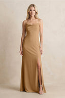Spaghetti Straps Sheath Satin Bridesmaid Dress With Slit in Bronzer - KISS BRIDAL Bridesmaid Dresses