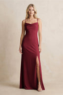 Spaghetti Straps Sheath Satin Bridesmaid Dress With Slit in Burgundy - KISS BRIDAL Bridesmaid Dresses