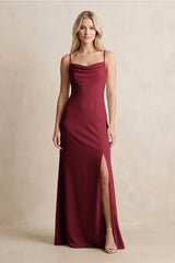 Spaghetti Straps Sheath Satin Bridesmaid Dress With Slit in Burgundy - KISS BRIDAL Bridesmaid Dresses