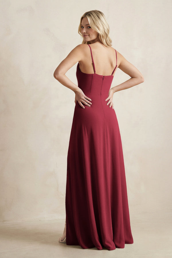 Spaghetti Straps Sheath Satin Bridesmaid Dress With Slit in Burgundy - KISS BRIDAL Bridesmaid Dresses