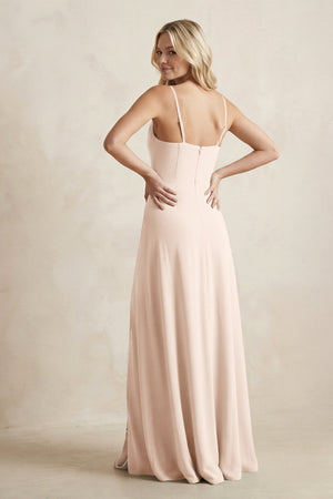 Spaghetti Straps Sheath Satin Bridesmaid Dress With Slit in Buttercream - KISS BRIDAL Bridesmaid Dresses