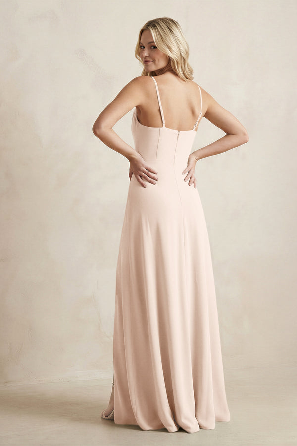 Spaghetti Straps Sheath Satin Bridesmaid Dress With Slit in Buttercream - KISS BRIDAL Bridesmaid Dresses