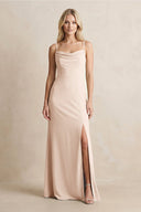 Spaghetti Straps Sheath Satin Bridesmaid Dress With Slit in Buttercream - KISS BRIDAL Bridesmaid Dresses