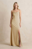 Spaghetti Straps Sheath Satin Bridesmaid Dress With Slit in Champagne - KISS BRIDAL Bridesmaid Dresses