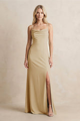 Spaghetti Straps Sheath Satin Bridesmaid Dress With Slit in Champagne - KISS BRIDAL Bridesmaid Dresses