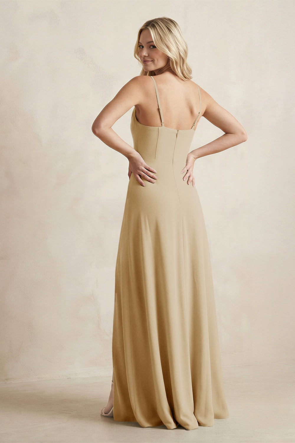Spaghetti Straps Sheath Satin Bridesmaid Dress With Slit in Champagne - KISS BRIDAL Bridesmaid Dresses