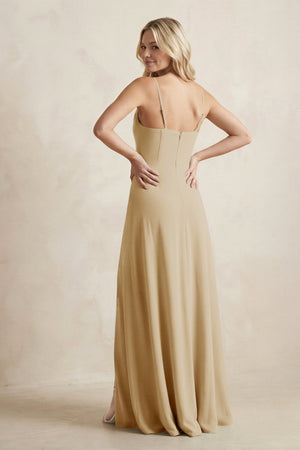 Spaghetti Straps Sheath Satin Bridesmaid Dress With Slit in Champagne - KISS BRIDAL Bridesmaid Dresses