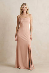 Spaghetti Straps Sheath Satin Bridesmaid Dress With Slit in Champagne Rose - KISS BRIDAL Bridesmaid Dresses