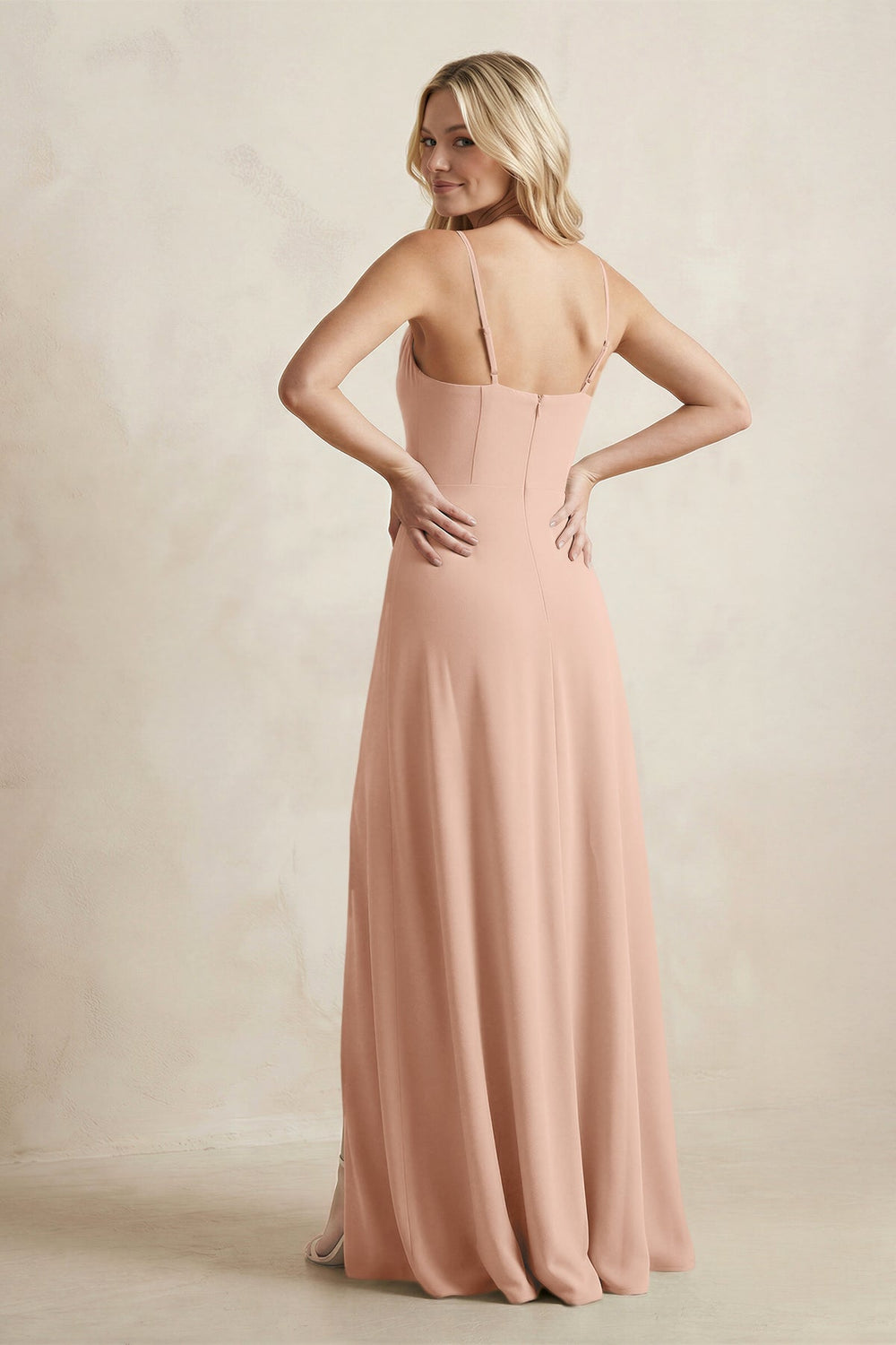 Spaghetti Straps Sheath Satin Bridesmaid Dress With Slit in Champagne Rose - KISS BRIDAL Bridesmaid Dresses