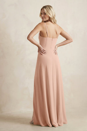 Spaghetti Straps Sheath Satin Bridesmaid Dress With Slit in Champagne Rose - KISS BRIDAL Bridesmaid Dresses