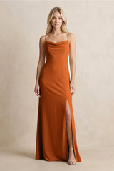 Spaghetti Straps Sheath Satin Bridesmaid Dress With Slit in Cinnamon - KISS BRIDAL Bridesmaid Dresses