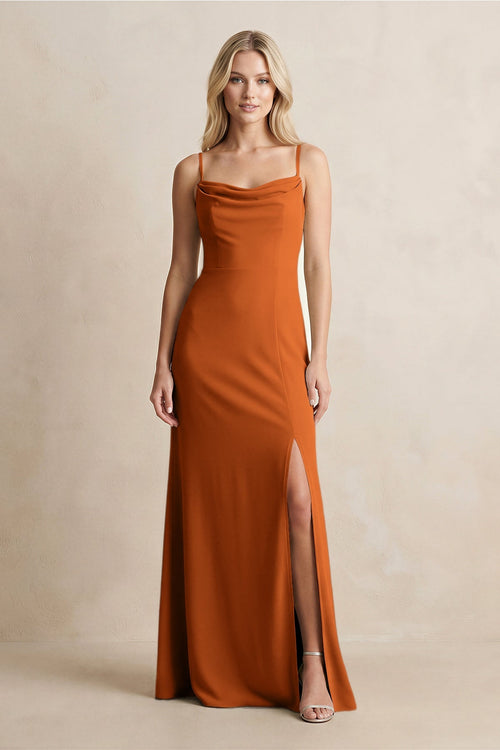 Spaghetti Straps Sheath Satin Bridesmaid Dress With Slit in Cinnamon - KISS BRIDAL Bridesmaid Dresses