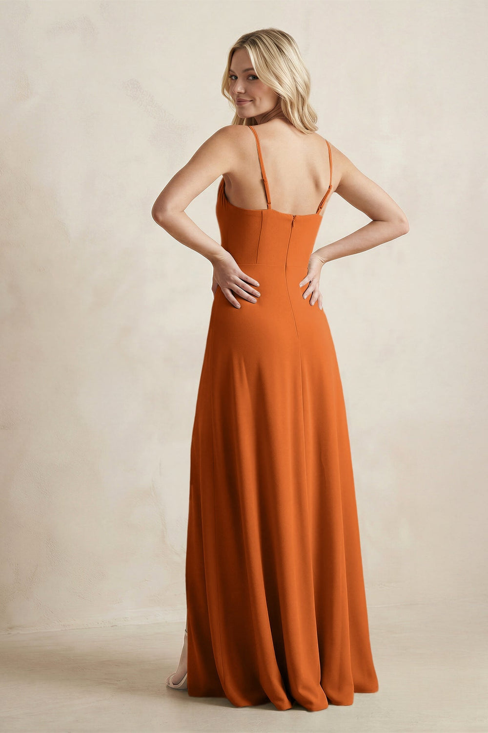 Spaghetti Straps Sheath Satin Bridesmaid Dress With Slit in Cinnamon - KISS BRIDAL Bridesmaid Dresses