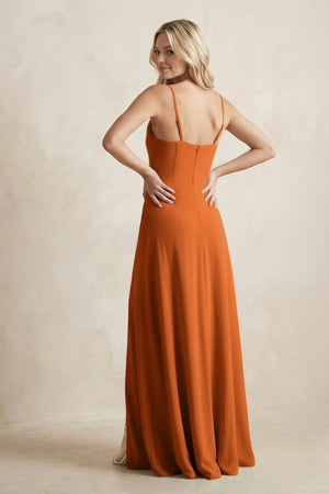 Spaghetti Straps Sheath Satin Bridesmaid Dress With Slit in Cinnamon - KISS BRIDAL Bridesmaid Dresses