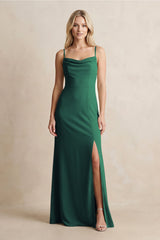 Spaghetti Straps Sheath Satin Bridesmaid Dress With Slit in Dark Green - KISS BRIDAL Bridesmaid Dresses