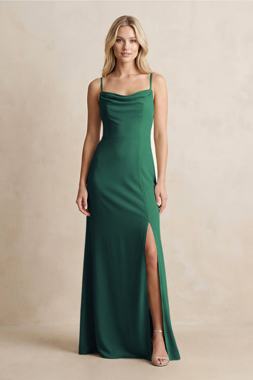 Spaghetti Straps Sheath Satin Bridesmaid Dress With Slit in Dark Green - KISS BRIDAL Bridesmaid Dresses