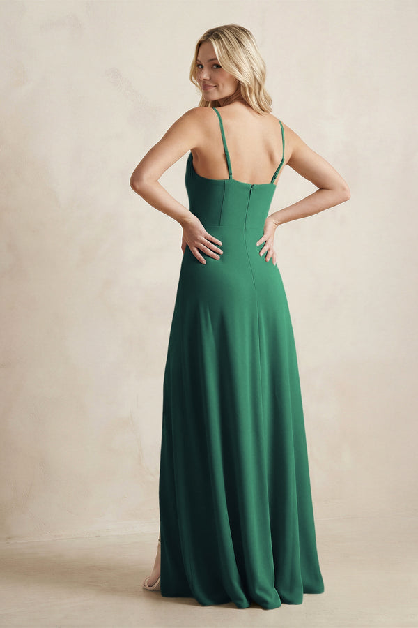 Spaghetti Straps Sheath Satin Bridesmaid Dress With Slit in Dark Green - KISS BRIDAL Bridesmaid Dresses