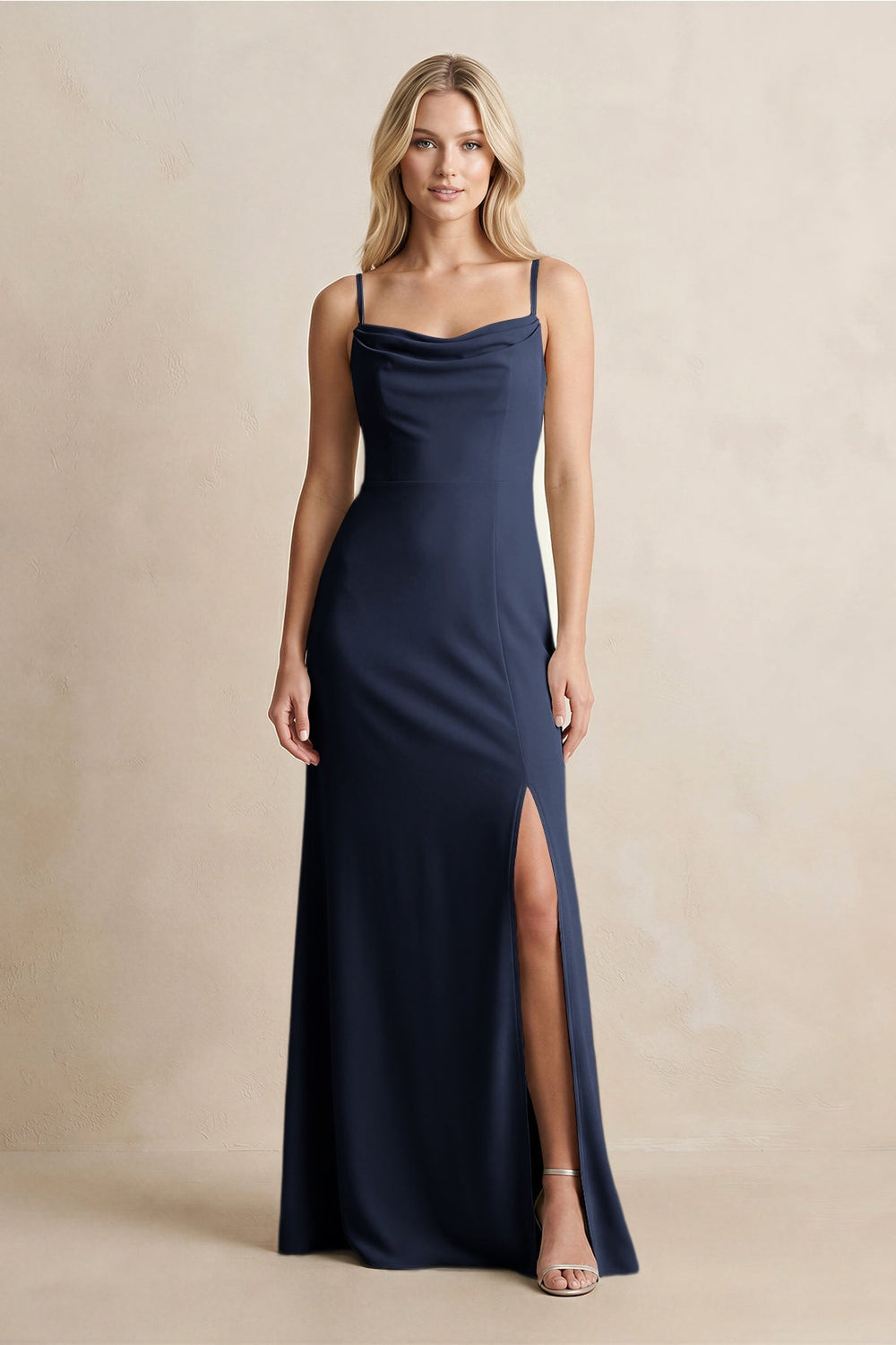 Spaghetti Straps Sheath Satin Bridesmaid Dress With Slit in Dark Navy - KISS BRIDAL Bridesmaid Dresses