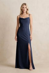 Spaghetti Straps Sheath Satin Bridesmaid Dress With Slit in Dark Navy - KISS BRIDAL Bridesmaid Dresses