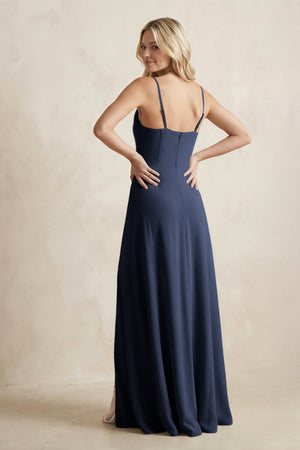 Spaghetti Straps Sheath Satin Bridesmaid Dress With Slit in Dark Navy - KISS BRIDAL Bridesmaid Dresses