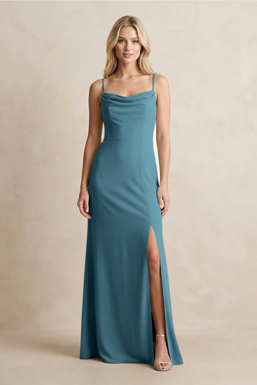 Spaghetti Straps Sheath Satin Bridesmaid Dress With Slit in Dark Teal - KISS BRIDAL Bridesmaid Dresses