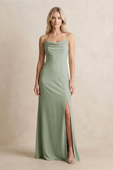 Spaghetti Straps Sheath Satin Bridesmaid Dress With Slit in Dove Gray - KISS BRIDAL Bridesmaid Dresses