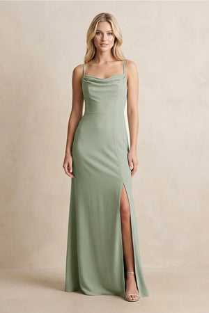 Spaghetti Straps Sheath Satin Bridesmaid Dress With Slit in Dove Gray - SHE IS ME Bridesmaid Dresses