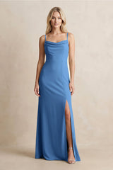 Spaghetti Straps Sheath Satin Bridesmaid Dress With Slit in Dusty Blue - KISS BRIDAL Bridesmaid Dresses