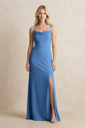 Spaghetti Straps Sheath Satin Bridesmaid Dress With Slit in Dusty Blue - KISS BRIDAL Bridesmaid Dresses
