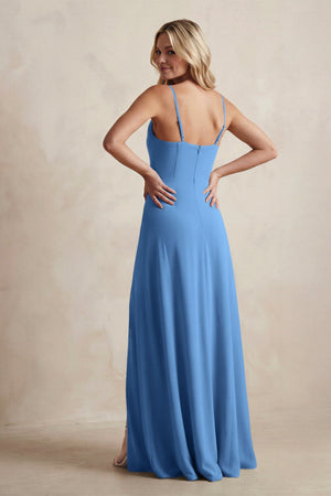 Spaghetti Straps Sheath Satin Bridesmaid Dress With Slit in Dusty Blue - KISS BRIDAL Bridesmaid Dresses