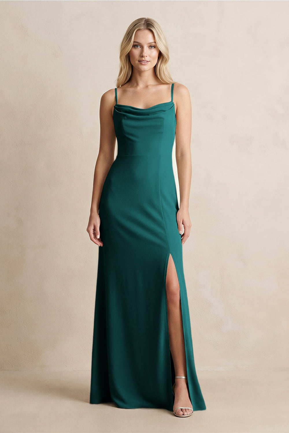 Spaghetti Straps Sheath Satin Bridesmaid Dress With Slit in Emerald - KISS BRIDAL Bridesmaid Dresses