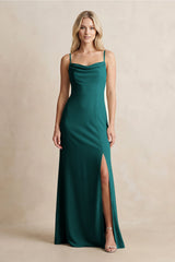Spaghetti Straps Sheath Satin Bridesmaid Dress With Slit in Emerald - KISS BRIDAL Bridesmaid Dresses