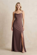 Spaghetti Straps Sheath Satin Bridesmaid Dress With Slit in Espresso - KISS BRIDAL Bridesmaid Dresses