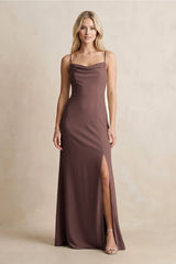 Spaghetti Straps Sheath Satin Bridesmaid Dress With Slit in Espresso - KISS BRIDAL Bridesmaid Dresses