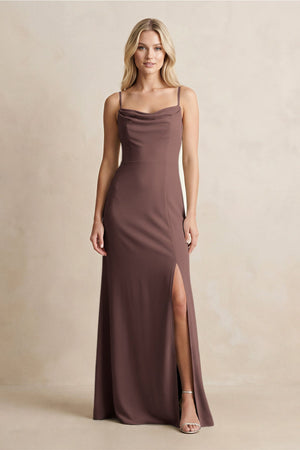 Spaghetti Straps Sheath Satin Bridesmaid Dress With Slit in Espresso - KISS BRIDAL Bridesmaid Dresses