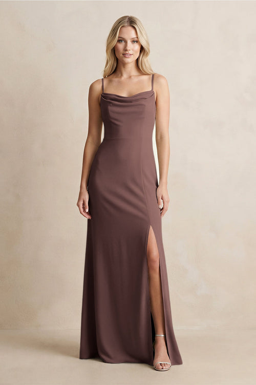 Spaghetti Straps Sheath Satin Bridesmaid Dress With Slit in Espresso - KISS BRIDAL Bridesmaid Dresses