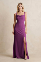 Spaghetti Straps Sheath Satin Bridesmaid Dress With Slit in Fig - KISS BRIDAL Bridesmaid Dresses