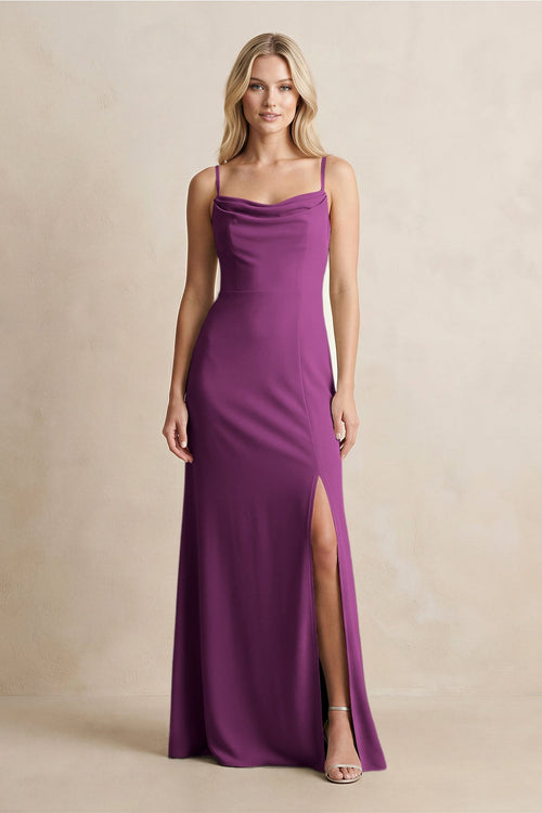 Spaghetti Straps Sheath Satin Bridesmaid Dress With Slit in Fig - KISS BRIDAL Bridesmaid Dresses