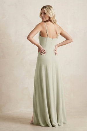 Spaghetti Straps Sheath Satin Bridesmaid Dress With Slit in Frost - KISS BRIDAL Bridesmaid Dresses