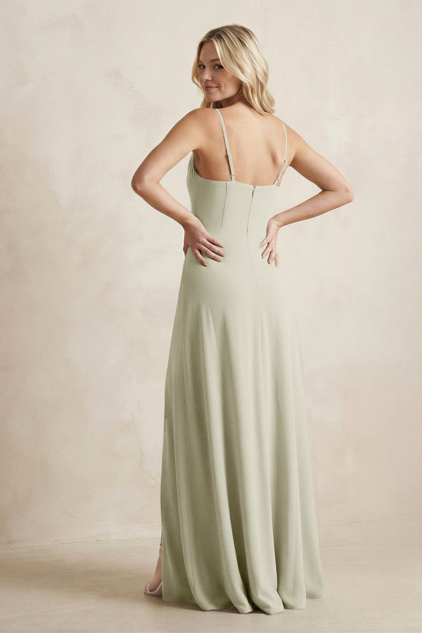 Spaghetti Straps Sheath Satin Bridesmaid Dress With Slit in Frost - KISS BRIDAL Bridesmaid Dresses