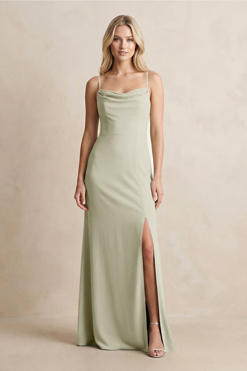 Spaghetti Straps Sheath Satin Bridesmaid Dress With Slit in Frost - KISS BRIDAL Bridesmaid Dresses