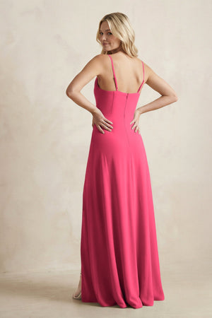 Spaghetti Straps Sheath Satin Bridesmaid Dress With Slit in Fuchsia - KISS BRIDAL Bridesmaid Dresses