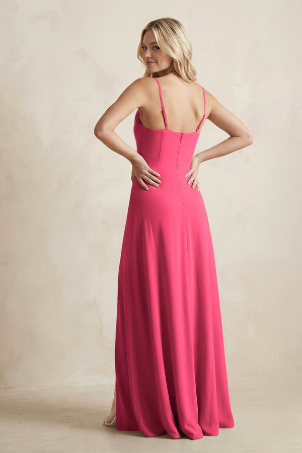 Spaghetti Straps Sheath Satin Bridesmaid Dress With Slit in Fuchsia - KISS BRIDAL Bridesmaid Dresses