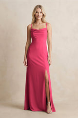Spaghetti Straps Sheath Satin Bridesmaid Dress With Slit in Fuchsia - KISS BRIDAL Bridesmaid Dresses
